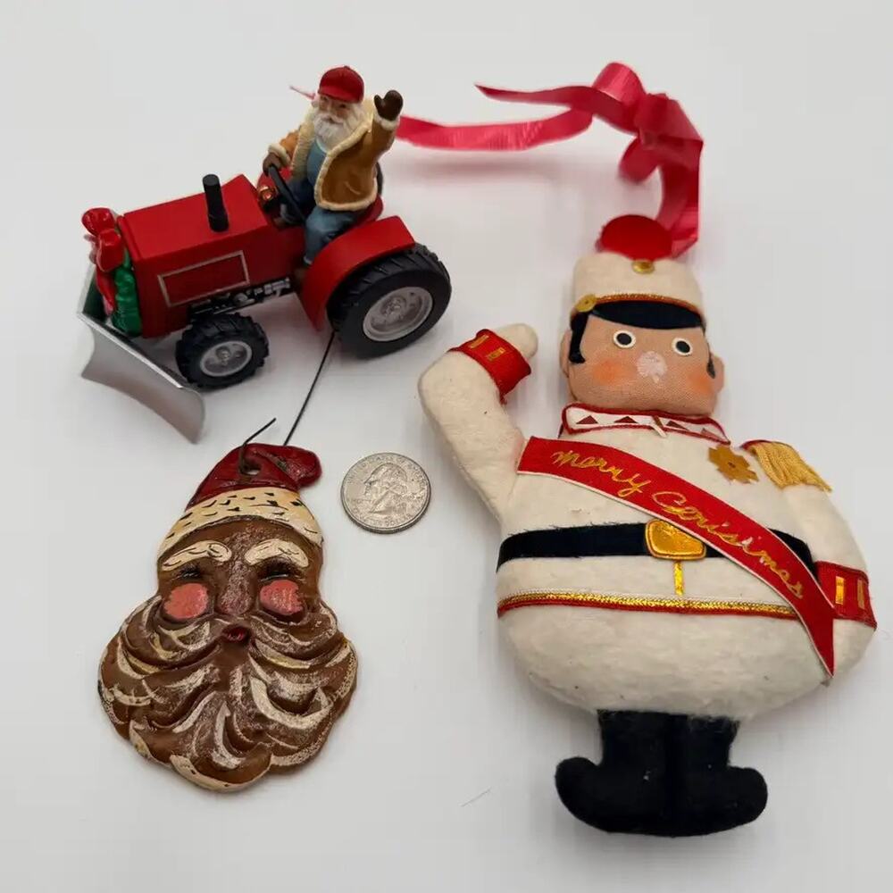 Vintage Christmas Ornaments Lot 3 Santa‎ Tractor Felt Soldier Ceramic Face Decor